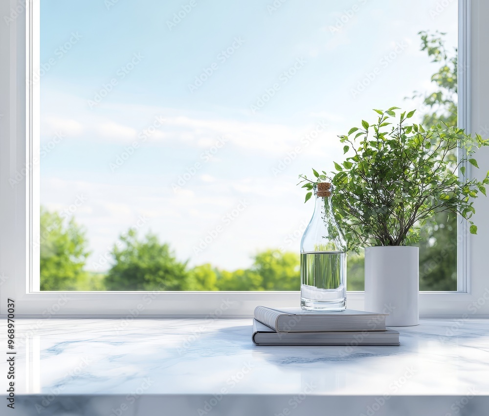Poster generating ai window on a white marble counter with books