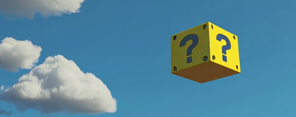 3D illustration of a question mark mystery box on a blue sky with clouds