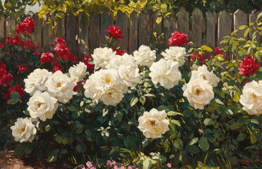 A garden wall of white and red roses. Created with Ai