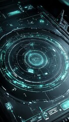 Futuristic Tech Panel, Neon Cyan Circular Display, Dark Digital Background, Sci Fi Technology.