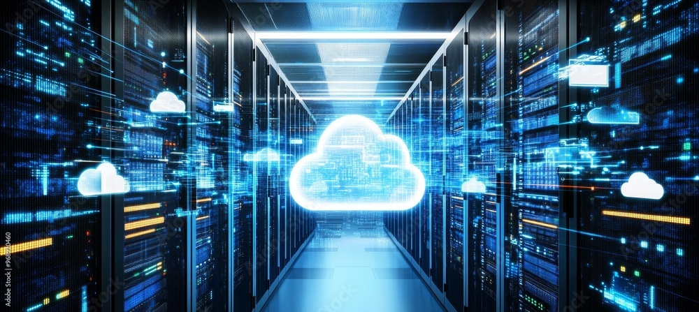 Poster cloud computing data center with glowing cloud icon, servers, and network connections