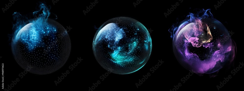 Poster an abstract network technology set with dot, point and a circle on a black background. a network tec