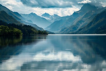 A lake with mountains and grass
