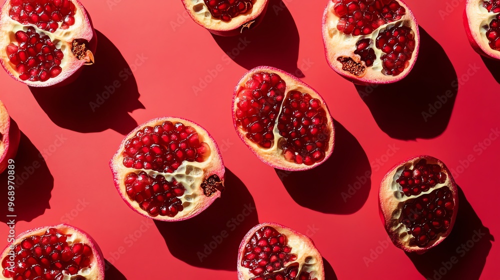 Poster a pattern of pomegranate slices on a red background.