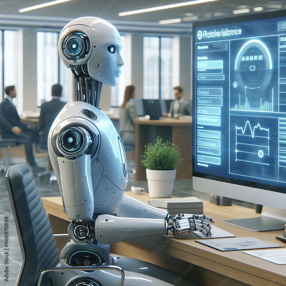 Poster a humanoid robot sits at a desk, interacting with a computer in a modern office setting. the image p
