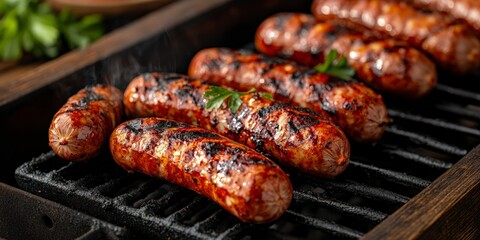 Grilled German Sausages on Barbecue Grill