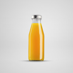 Mockup of a glass bottle with orange juice, packaging with a metal cap, for design, branding.