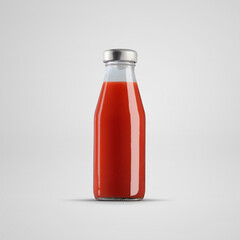 Mockup of a glass bottle with tomato juice, packaging with a metal cap, for design, branding.