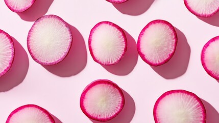 Fototapeta premium A pattern of radish slices on a pink background.