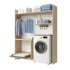 A modern laundry setup with shelves, hanging clothes, and a washing machine.