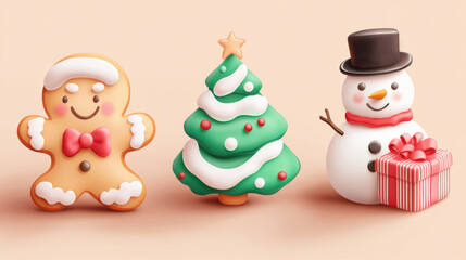 A group of three christmas cookies next to a christmas tree