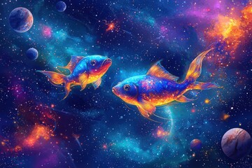 Vibrant cosmic koi fish swimming in ethereal galaxy landscape