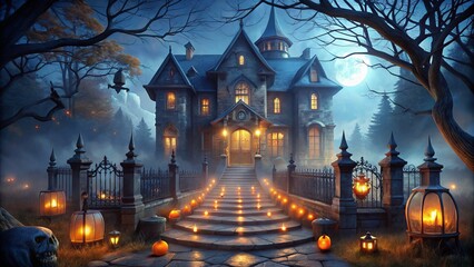 Cobweb-shrouded mansion looms on Halloween night, eerie shadows dance around flickering candles, doors creak open to reveal dark, winding staircases and foreboding graveyard gates.