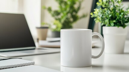 A white coffee mug on a modern desk with a laptop, notepad, and plants during a bright, sunny day in a cozy workspace