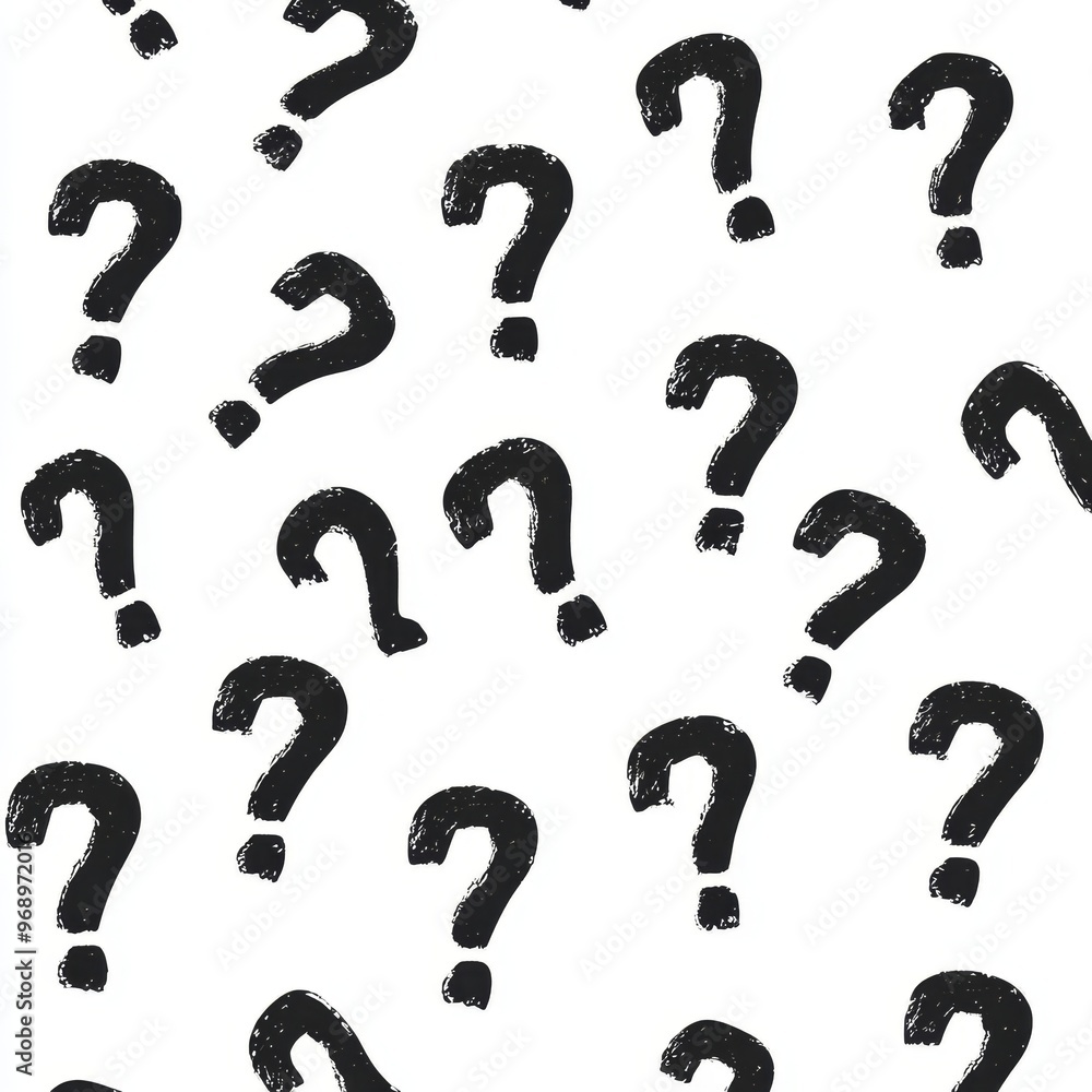 Poster white background with random black question mark pattern, mystery box