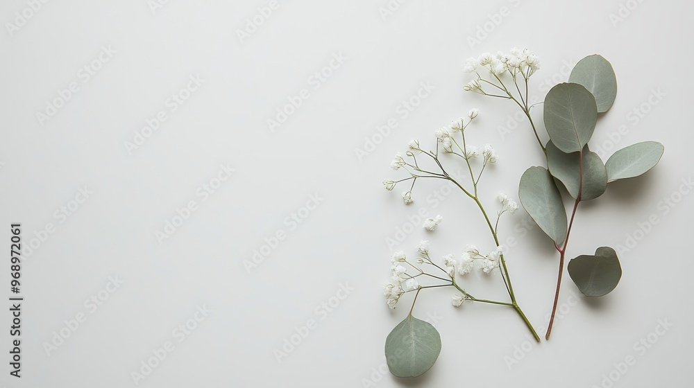 Poster in this mockup image, eucalyptus branches are shown on a pastel gray background with a copy space in