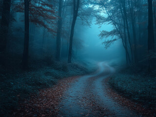 Naklejka premium Spooky autumn forest path with fog and eerie lighting