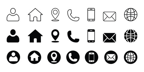 business card and website icon set.  contact information icons containing name, location, phone, email and web address symbol. transparent png and vector illustration.
