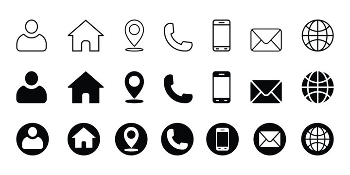business card and website icon set.  contact information icons containing name, location, phone, email and web address symbol. transparent png and vector illustration.