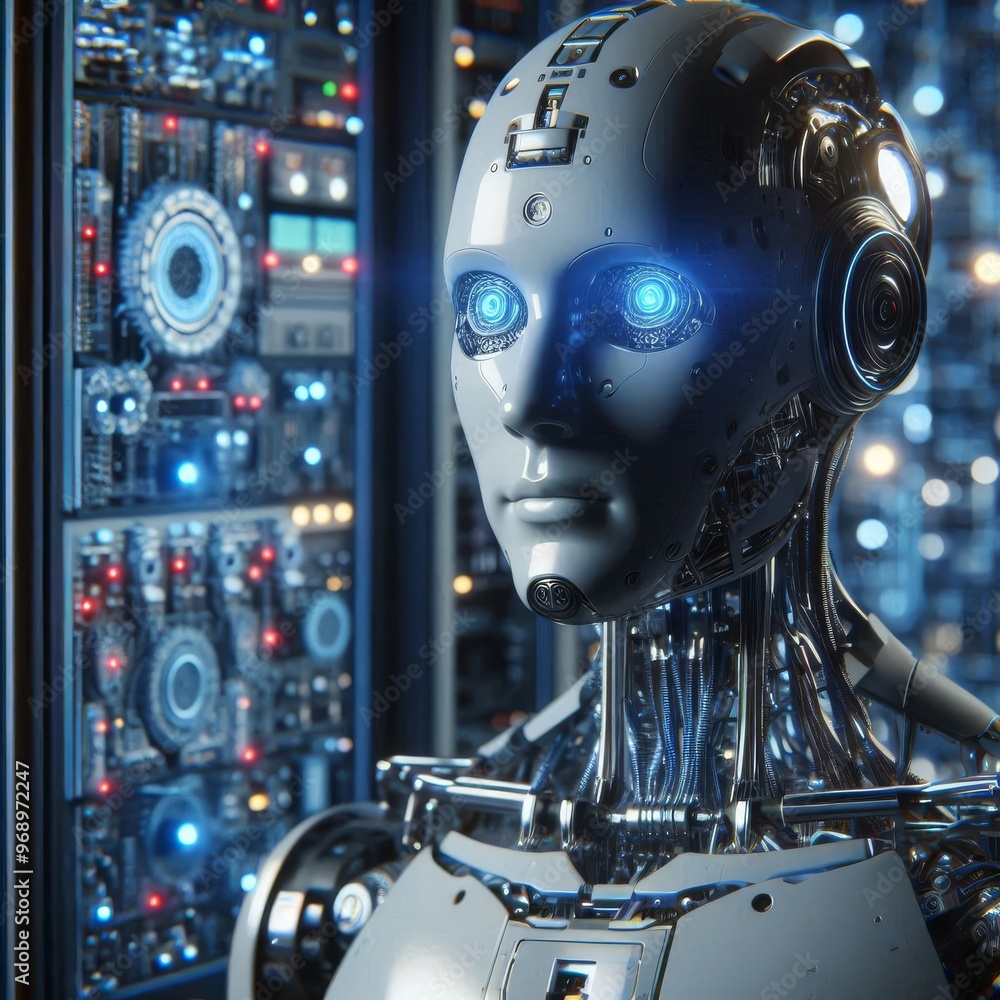 Poster a highly detailed image of a futuristic robot with glowing blue eyes, set against a backdrop of adva