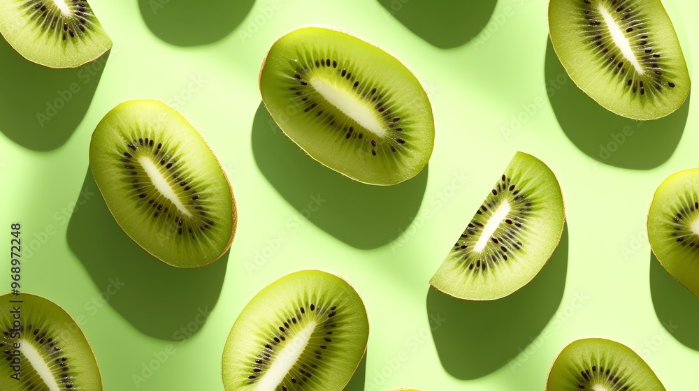 Poster a pattern of kiwi slices on a green background.