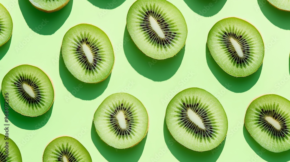 Poster a pattern of kiwi slices on a green background.