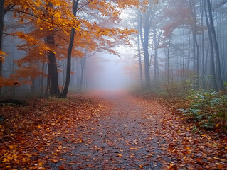 Spooky autumn forest path with fog and eerie lighting © Pixel World Vision 