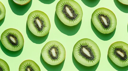 Fototapeta premium A pattern of kiwi slices on a green background.