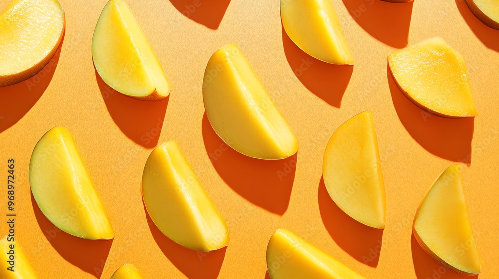 Poster mango slices in a pattern on an orange background.