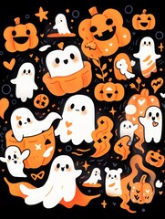 Fototapeta premium Charming Halloween Illustration Featuring Adorable White Ghost with Pumpkin, Funny Hand-Drawn Style Using Markers, Flat Design with Bold Lines and Solid Colors, Perfect for Festive Decor and Greeting 