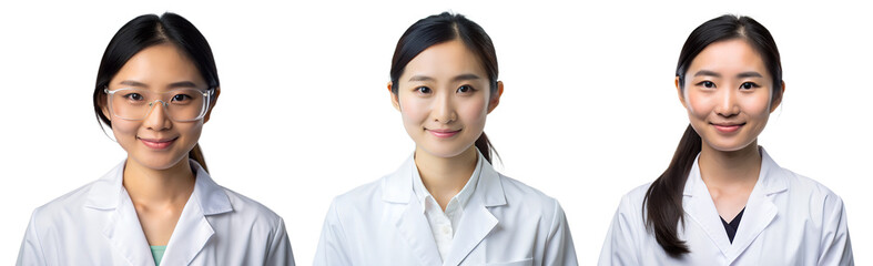 Set of Asian women doctors or scientists on transparent background. Medicine and health concept.