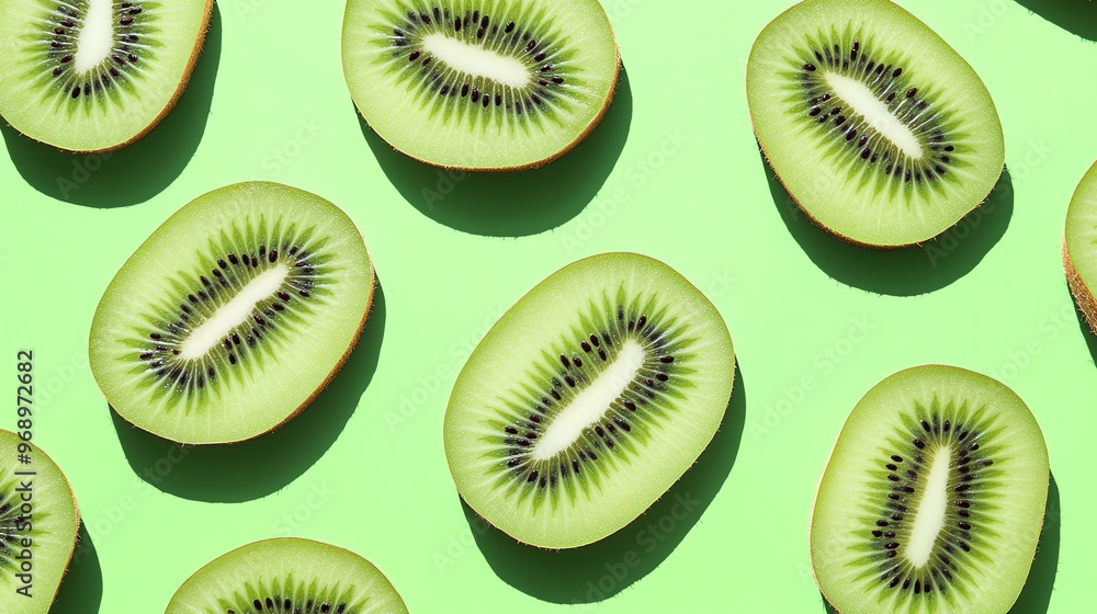 Poster kiwi slices in a pattern on a light green background.