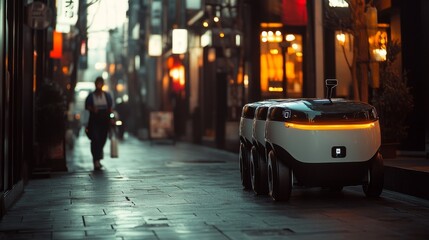 Fototapeta premium Autonomous AI-driven personal delivery robots navigating sidewalks: Futuristic robots delivering groceries and packages on busy city streets.