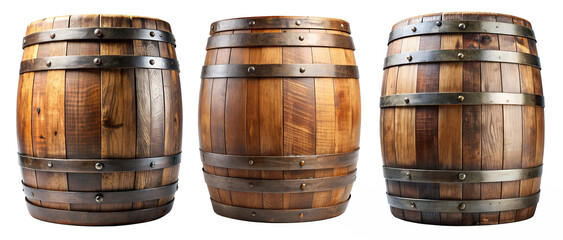 Fototapeta premium Set of old wooden barrels on transparent background. Concept of vintage and old barrels.