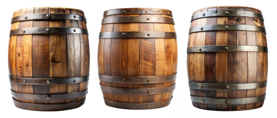 Set of old wooden barrels on transparent background. Concept of vintage and old barrels.