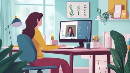 Work from home woman having a video conference with his colleagues. Online people work together. Remote teamwork concept.