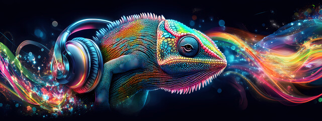Neon Chameleon with High-Tech Headphones