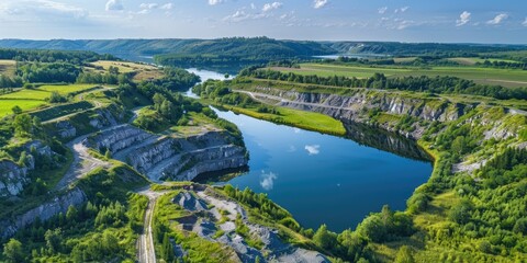 Aerial view of a stone quarry amidst a lush forest with a scenic backdrop of blue skies and flowing river Green fields complement the landscape