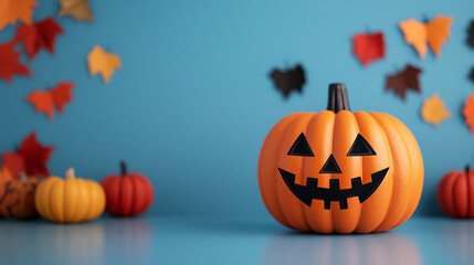 A smiling pumpkin with decorative leaves in a vibrant background, perfect for Halloween themed content and autumn celebrations.