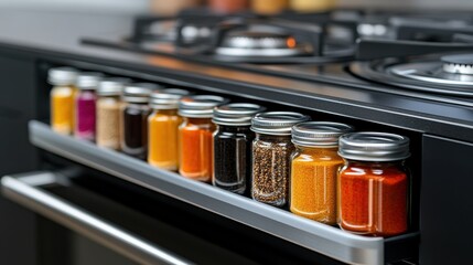 A close up of a spice rack with spices in it, AI