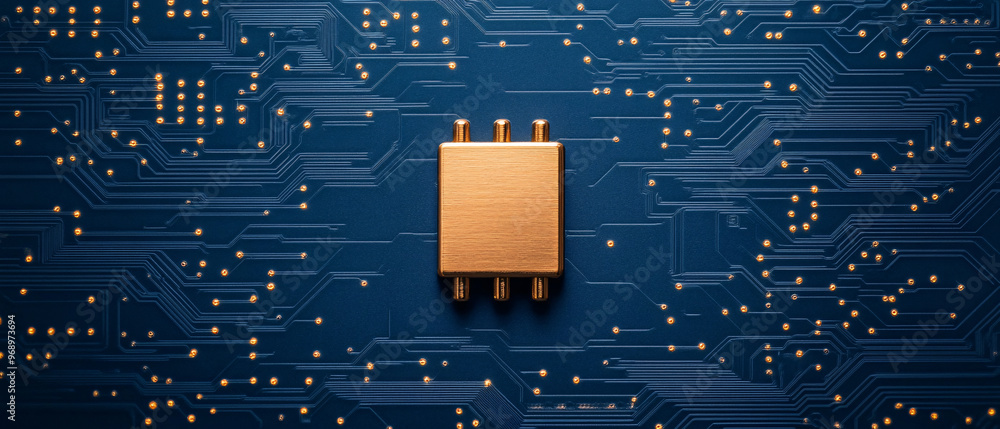 Poster close-up of a golden microchip on a blue circuit board, showcasing technology and innovation in elec