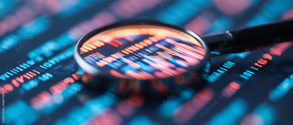 Poster close-up view of a magnifying glass focusing on colorful data charts on a digital screen, symbolizin