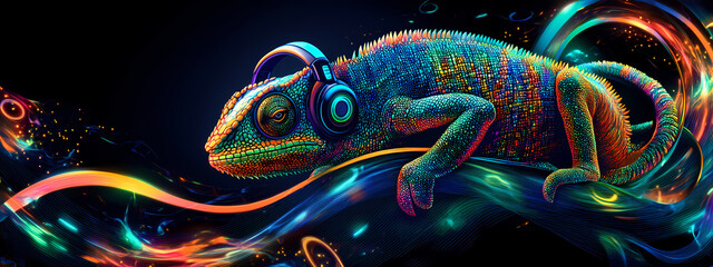 Neon Chameleon with High-Tech Headphones