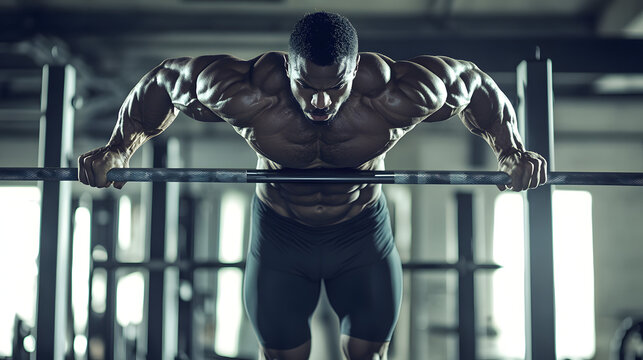 A muscular man performing dips on parallel bars showcasing tricep and chest development.