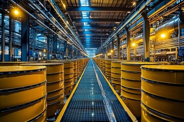 Fototapeta premium Yellow Barrels on a Conveyor Belt in a Factory Setting