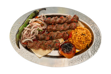Top view traditional turkish meat and food service, kebab service, isolated on white background.