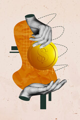 Poster collage artwork of person pay cash dollars money currency isolated on creative background