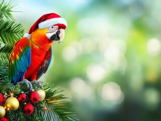 Obraz premium A vibrant macaw wearing a Santa hat perched on a festive pine branch decorated with red and gold ornaments. A cheerful holiday scene.