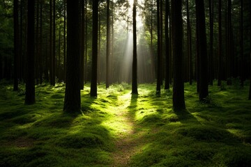 Fototapeta premium Stunning forest trail with sun rays between nadelbeeches