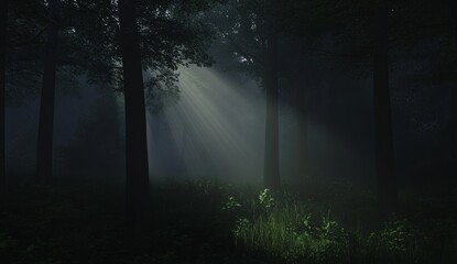 An enchanting forest of trees, dark clouds and rays of sunlight